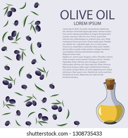 A bottle of olive oil on a white background. Template label with olives for your design. Vector illustration.