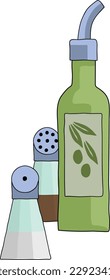 Bottle of olive oil with salt and pepper shakers illustration