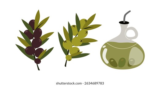 Bottle of olive oil with an olive sprig. Green and black olives with branch and leaves for mediterranean cuisine. Vector flat illustrations isolated on white background