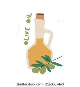 Bottle of olive oil with an olive sprig. Vector flat illustration isolated on white background.