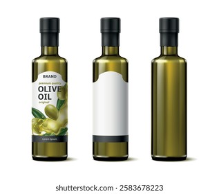 Bottle olive oil with and without label. Realistic isolated element. Mediterranean food. Packaging design, 3d blank emblem mockup. Culinary greek product. Advertisement cooking vector concept