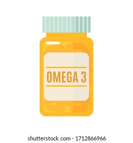 A Bottle With Omega 3 Capsules In Flat Style Isolated On White Background. Fish Oil Supplement. Vector Illustration.