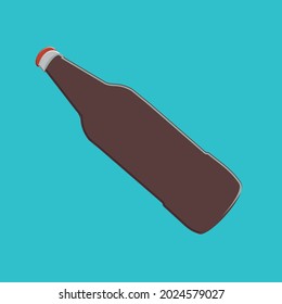 Bottle on blue surface. Brown liquid in bottle
