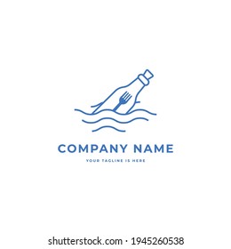 Bottle on the wave with Fork icon isolated on white background. Restaurant Cafe logo design concept. Flat design style. Modern vector pictogram for web graphics - stock vector