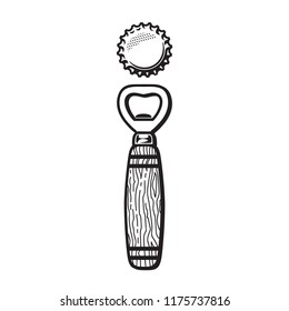 Bottle opener and beer cap. Black and white isolated vector illustration.