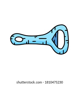 Bottle opener for beer, drinks in glass with cap. Doodle hand drawn cartoon icon of metal tool. Color illustration of kitchen utensils, addition to bar, pub service. Isolated vector