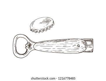 Bottle opener and cap closeup. Utensil with wooden handle and metal top for opening containers. Monochrome sketch outline set vector illustration