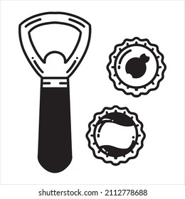 Bottle Opener And Bottle Cap, outline vector illustration