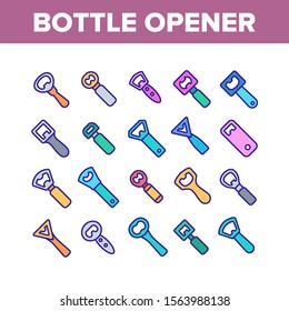 Bottle Opener Collection Elements Icons Set Vector Thin Line. Different Style Metal Cap Container Opener, Bar And Kitchen Utensil Concept Linear Pictograms. Color Contour Illustrations