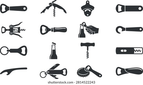 Bottle Opener Corkscrew Silhouette Icon Collection