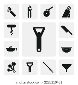 Bottle opener flat web icon. Beer bottle opener sign silhouette. Simple bottle opener solid black icon vector design. Bottle opener cartoon clipart. Kitchen tools concept icon set