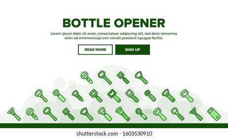 Bottle Opener Landing Web Page Header Banner Template Vector. Different Style Metal Cap Container Opener, Bar And Kitchen Utensil Illustration
