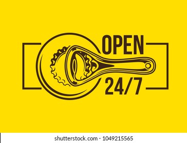 Bottle opener sign banner 24/7. Vector illustration.