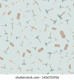 Bottle openers and corks light blue background seamless pattern.Vector.