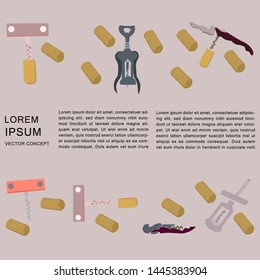 Bottle openers and corks template for copy space. Poster, banner, print design element. Vector illustration.
