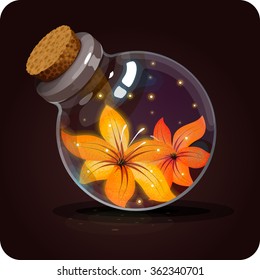 bottle with orange beautiful flowers.Game icon of magic elixir. Vector design for app user interface. Power of nature, earth magic, herbs, herbalism, a resource