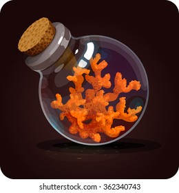 bottle with orange corals. Game icon of magic elixir. Vector design for app user interface. Breathing under water, resource, building material, decorating material