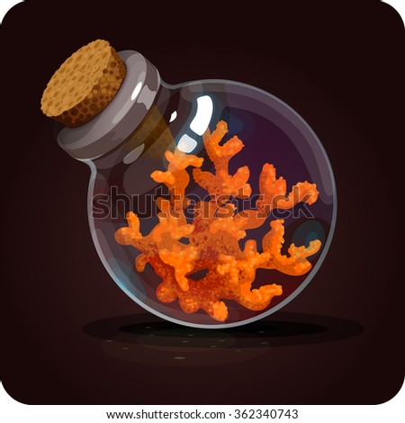 bottle with orange corals. Game icon of magic elixir. Vector design for app user interface. Breathing under water, resource, building material, decorating material