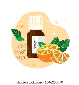 Bottle with orange essential oil drawn by hand on a white background. Aromatherapy, cosmetics, folk and alternative medicine. Stamp on bottle natural essential oil. Cute cartoon Vector illustration