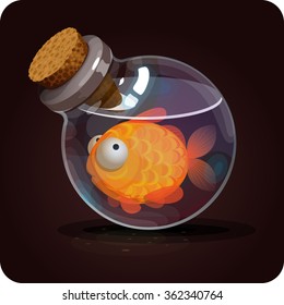 bottle with orange fish. Game icon of magic elixir. Vector design for app user interface. Magical fish, granting wishes, food, trade, fishery