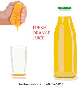 A bottle of orange juice, empty glass and man`s hand pressing an orange