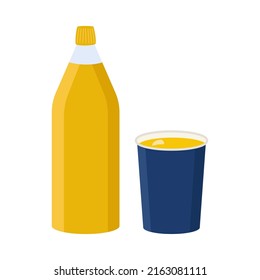 Bottle of orange juice and a paper cup. Vector illustration isolated on a white background.