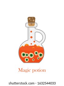 Bottle with orange magical magic potion with eyes isolated on white background, vector illustration.	