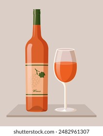 Bottle of orange wine with glass. Vector illustration of modern alcohol drink