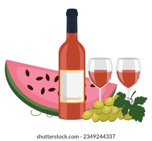 Bottle of orange wine, wine in glasses, watermelon and grape. Vector graphic.