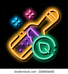 bottle with organic elixir neon light sign vector. Glowing bright icon bottle with organic elixir sign. transparent symbol illustration