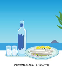 A bottle of ouzo and a dish with cooked fish in a table next to the sea. Vector illustration