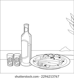 A bottle of ouzo and a dish with cooked fish in a table next to the sea. Vector black and white coloring page.