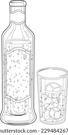 A bottle of ouzo and a glass filled with ice cubes and ouzo. Vector black and white coloring page.