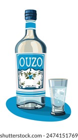 Bottle of ouzo. Greek alcoholic drink with anise flavor. Vector isolated illustration.