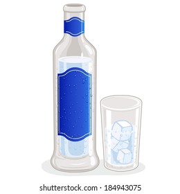 A bottle of ouzo or raki and a glass filled with ice cubes. Vector Illustration