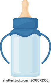 Una botella con un pacificador para bebés. Una botella vacía con mangos azules, para alimentar a los recién nacidos. Una botella de leche para bebés. Ilustración del vector aislada en un fondo blanco