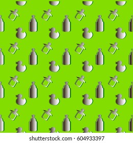 Bottle, pacifier, duck cut out of paper seamless pattern.  Child care design vector illustration