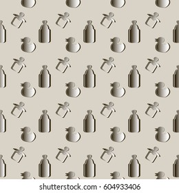 Bottle, pacifier, duck cut out of paper seamless pattern.  Child care design vector illustration