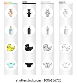 A bottle with a pacifier for feeding, a children's loose shirt, bunny and duckling toys. Care for a child set collection icons in cartoon black monochrome outline style vector symbol stock