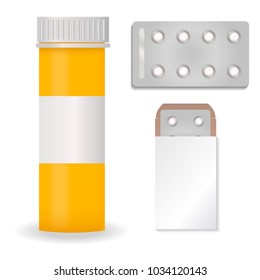 Bottle pack template mockup blank pharmaceutical blister of pills and capsules tube container for drugs clean plastic packaging for medication vector illustration.