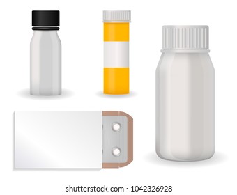 Bottle pack template mockup blank pharmaceutical blister of pills and capsules tube container for drugs clean plastic packaging for medication vector illustration.