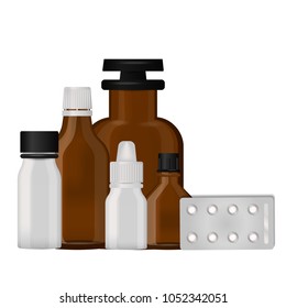 Bottle pack template mockup blank pharmaceutical blister of pills and capsules tube container for drugs clean plastic packaging for medication vector illustration.