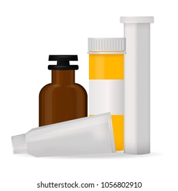 Bottle pack template mockup blank pharmaceutical blister of pills and capsules tube container for drugs. clean plastic packaging for medication vector illustration.