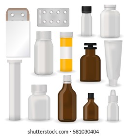 Bottle pack template mockup blank pharmaceutical blister of pills and capsules tube container for drugs clean plastic packaging for medication vector illustration.