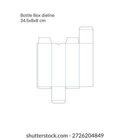 Bottle packaging box dieline template with cut and fold lines.