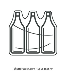 Bottle Packaging Or Glass Containers With Cap In Pack Isolated Icon Vector. Drinking Water In Plastic Wrap, Drink In Shrink Film, Clear Plastic Wrapping. PET Packed Beverage, Recyclable Material