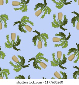 Bottle palm sketch seamless pattern on blue background.