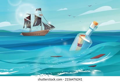 Bottle with paper message in it floating in sea. Pirates ship sailing in the distance . Cartoon vector illustration.