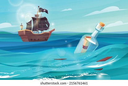 Bottle with paper message in it floating in sea. Pirates ship sailing in the distance . Cartoon vector illustration.