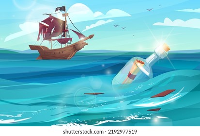 Bottle with paper message in it floating in sea. Pirates ship sailing in the distance. Cartoon vector illustration.